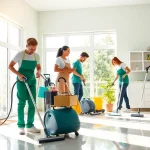 Cleaners transforming a home with professional cleaning services, showcasing teamwork and bright, spotless spaces.