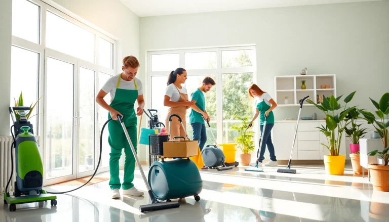 Cleaners transforming a home with professional cleaning services, showcasing teamwork and bright, spotless spaces.