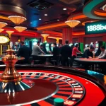 188bet players involved in an exhilarating casino game atmosphere, featuring roulette tables and poker action.