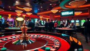 188bet players involved in an exhilarating casino game atmosphere, featuring roulette tables and poker action.