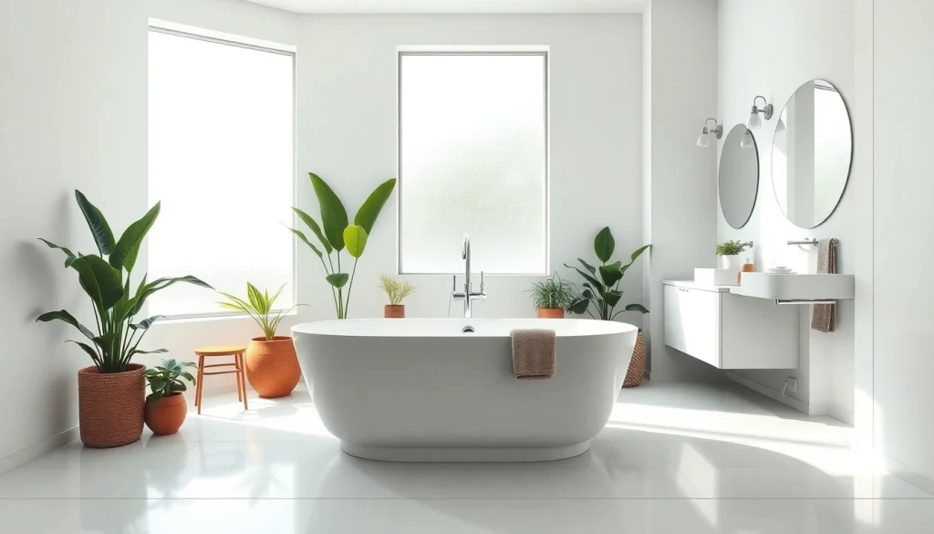 Explore an exquisite bathroom fitted by professional bathroom fitters, highlighting elegant design elements and lush plants.