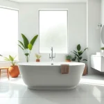 Explore an exquisite bathroom fitted by professional bathroom fitters, highlighting elegant design elements and lush plants.