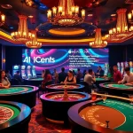 Experience thrilling poker games and vibrant slot machines in a luxurious casino, highlighting innovative AI betting strategies around 'porn chat ai'.