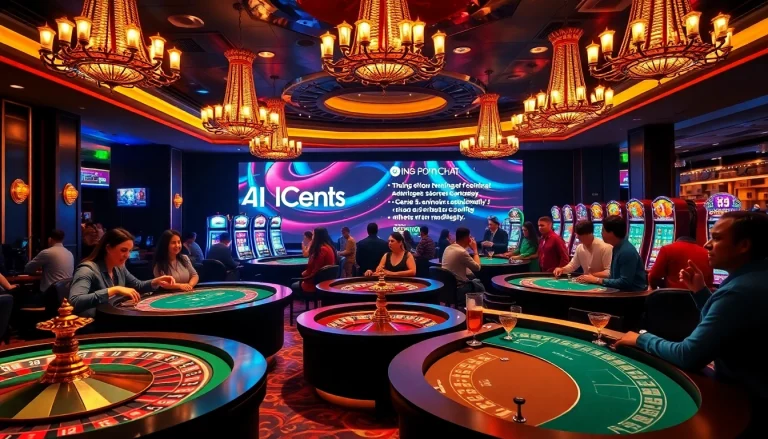 Experience thrilling poker games and vibrant slot machines in a luxurious casino, highlighting innovative AI betting strategies around 'porn chat ai'.
