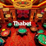 Thrilling casino activity at Thabet with players betting on vibrant tables filled with cards and chips.