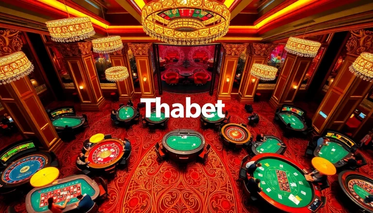 Thrilling casino activity at Thabet with players betting on vibrant tables filled with cards and chips.