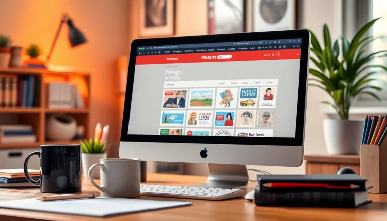 Buy stamps online seamlessly with a vibrant interface showcasing colorful stamp designs on a computer screen.