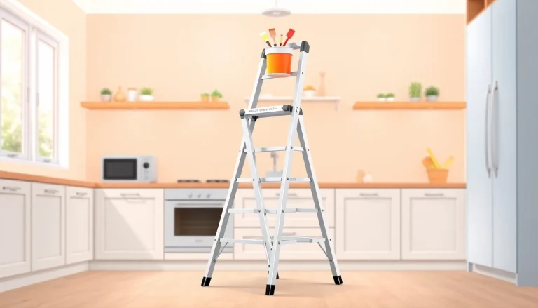 Climb the step ladder with ease in a bright kitchen, perfect for DIY projects.