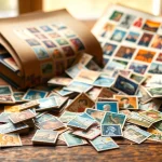 Explore a collection of affordable postage stamps spread on a vintage desk with soft lighting.