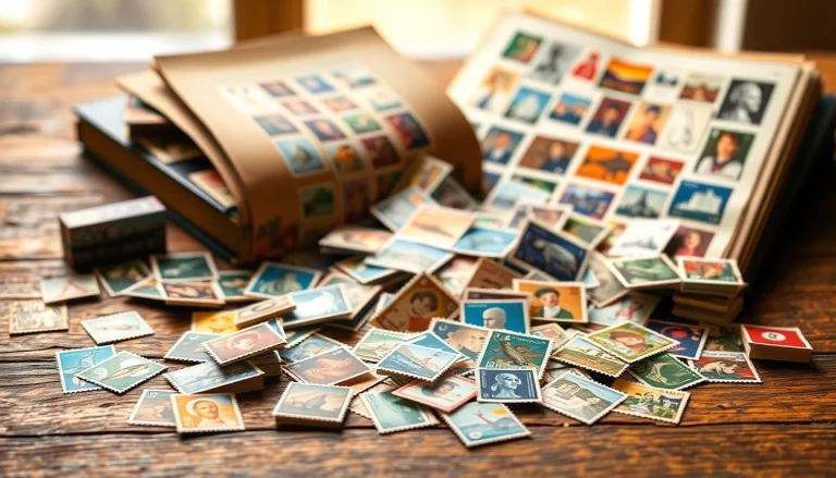 Explore a collection of affordable postage stamps spread on a vintage desk with soft lighting.