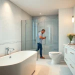 Bathroom fitters installing an elegant tub in a luxurious remodel with modern fixtures and stylish tiles.