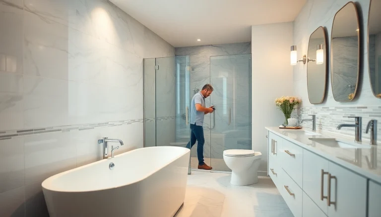 Bathroom fitters installing an elegant tub in a luxurious remodel with modern fixtures and stylish tiles.