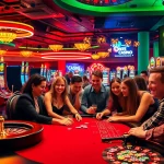 Exciting gameplay at utländska casinon with engaged players at a poker table surrounded by vibrant slot machines.