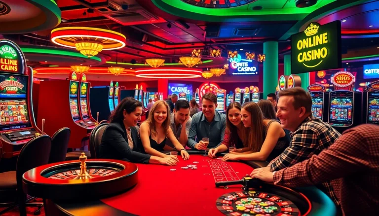 Exciting gameplay at utländska casinon with engaged players at a poker table surrounded by vibrant slot machines.