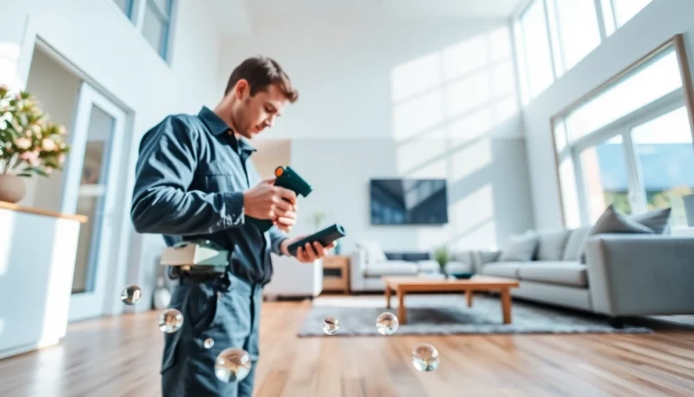 Professional technician conducting Leak Detection Devon using advanced equipment in a cozy living room setting.