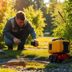 Professional performing Leak Detection Cornwall services with advanced equipment in a green garden.