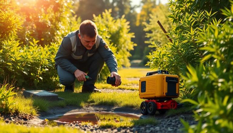 Professional performing Leak Detection Cornwall services with advanced equipment in a green garden.