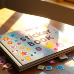 Explore creativity with a colorful reusable sticker book featuring playful designs and scattered stickers.