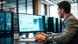 Analyze residential proxy data in a modern office setting with focused attention on computer analytics.