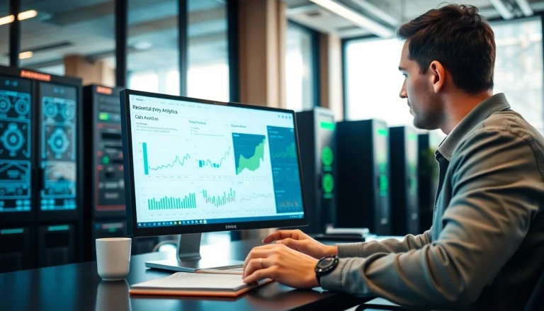 Analyze residential proxy data in a modern office setting with focused attention on computer analytics.