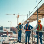 Workers responsibly erecting caffolding Bolton at a lively construction site.