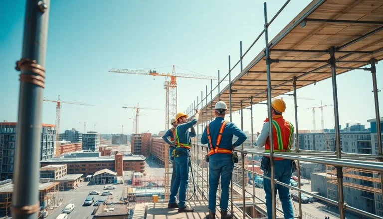 Workers responsibly erecting caffolding Bolton at a lively construction site.