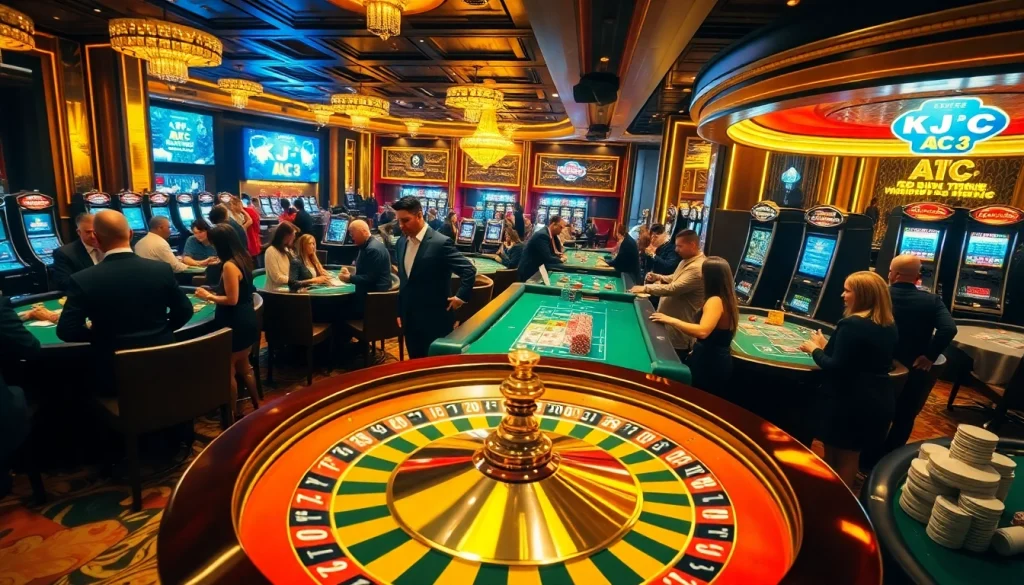 KJC AC 3 highlights thrilling gambling experiences at an upscale casino, featuring vibrant players, poker tables, and winning roulette wheels.