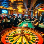 KJC AC 3 highlights thrilling gambling experiences at an upscale casino, featuring vibrant players, poker tables, and winning roulette wheels.