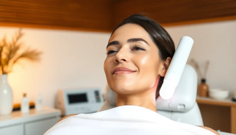 Epilare definitiva Sibiu - A woman enjoying a pain-free laser hair removal session in a soothing clinic environment.