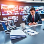 Covering the latest news in a vibrant newsroom with screens and dynamic updates.
