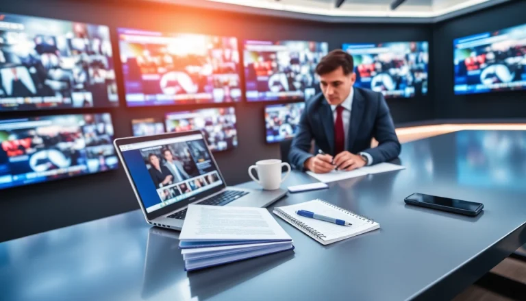 Covering the latest news in a vibrant newsroom with screens and dynamic updates.