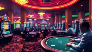 KJC AC 1 casino scene with vibrant gaming tables, poker chips, and slot machines, showcasing the excitement of gambling.