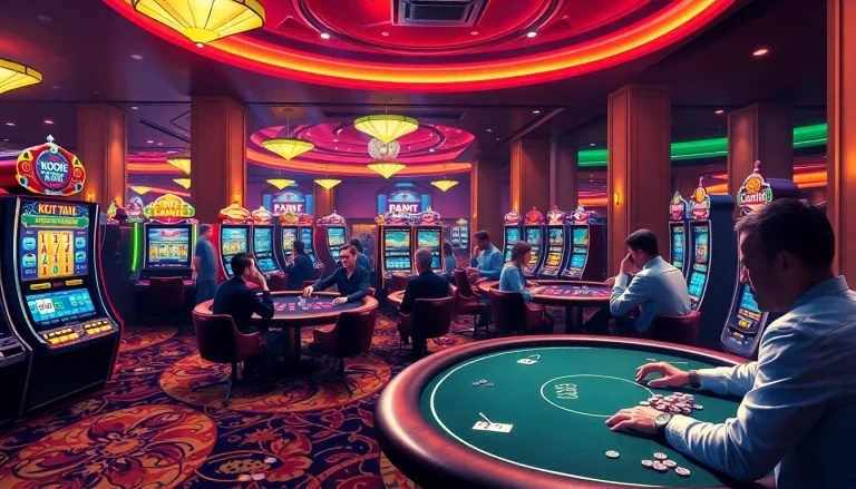 KJC AC 1 casino scene with vibrant gaming tables, poker chips, and slot machines, showcasing the excitement of gambling.