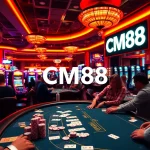Experience excitement at CM88 casino with players enjoying blackjack and vibrant slot machines in action.