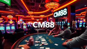 Experience excitement at CM88 casino with players enjoying blackjack and vibrant slot machines in action.