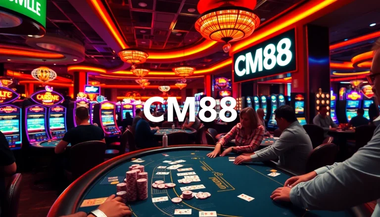 Experience excitement at CM88 casino with players enjoying blackjack and vibrant slot machines in action.