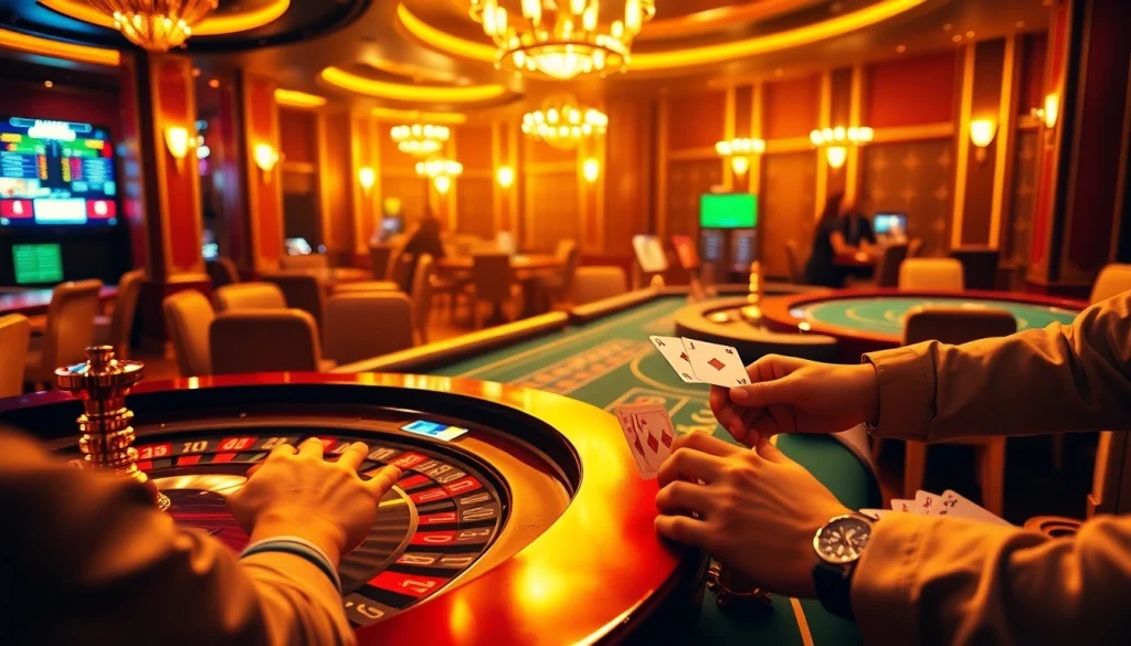 Engaged players enjoying F168 in an upscale casino environment filled with exciting gaming elements.