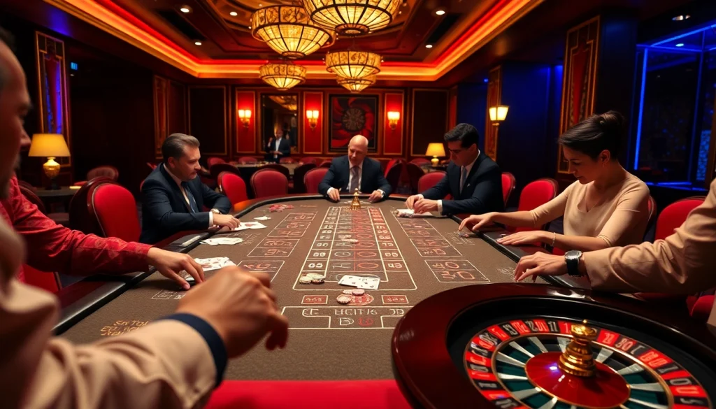 Engaged players at a 688V betting table enjoying high-stakes poker with vibrant atmosphere.