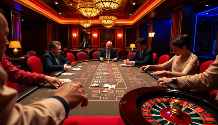 Engaged players at a 688V betting table enjoying high-stakes poker with vibrant atmosphere.