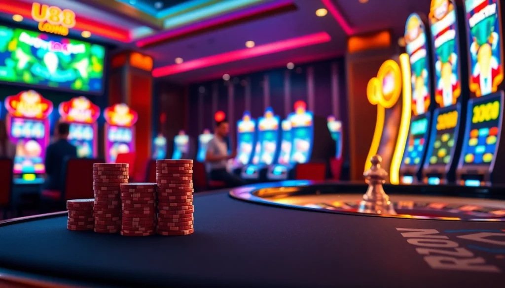 Experience thrilling gameplay at U888.com with an elegant casino table, vibrant slot machines, and excited players.