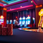 Experience thrilling gameplay at U888.com with an elegant casino table, vibrant slot machines, and excited players.