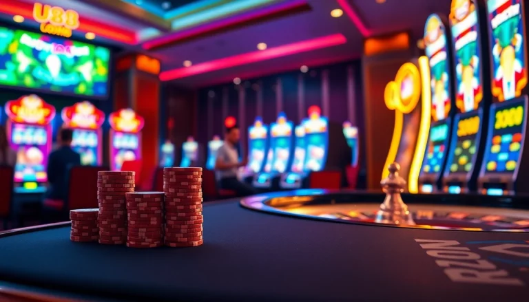 Experience thrilling gameplay at U888.com with an elegant casino table, vibrant slot machines, and excited players.