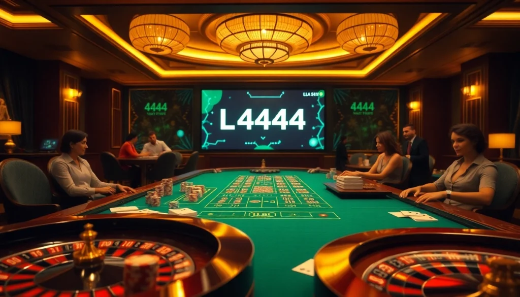 L444 casino scene with poker chips, cards, and roulette wheel in an elegant atmosphere.
