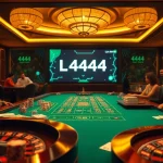 L444 casino scene with poker chips, cards, and roulette wheel in an elegant atmosphere.