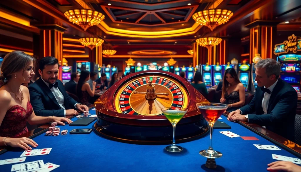 Players enjoying a thrilling game at the F168 casino, featuring poker chips and vibrant roulette.