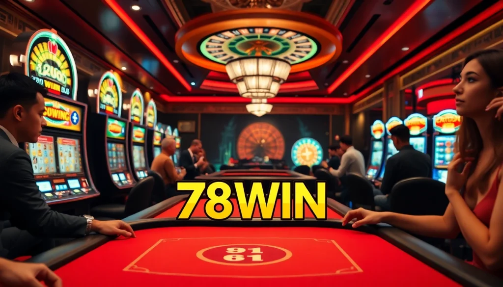 Experience thrilling moments at 78WIN Casino with poker tables and vibrant slot machines.