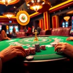 Players enjoying intense poker action at https://jboqz.com with vibrant chips and cards on a luxurious table.