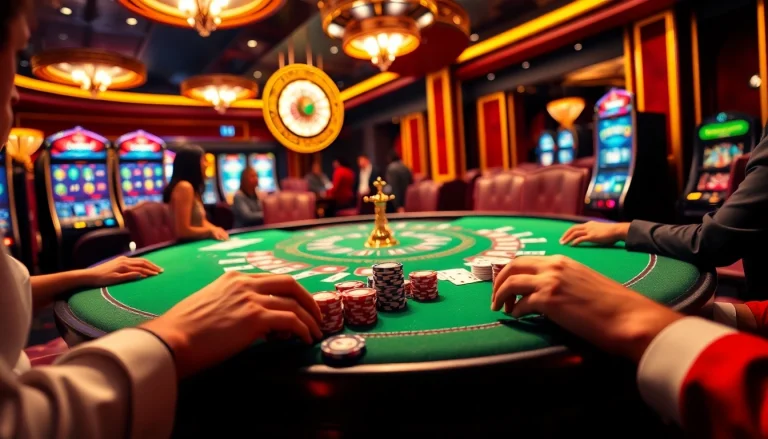 Players enjoying intense poker action at https://jboqz.com with vibrant chips and cards on a luxurious table.