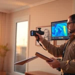 Professional leak detection technician uses thermal imaging for leak detection in a home.