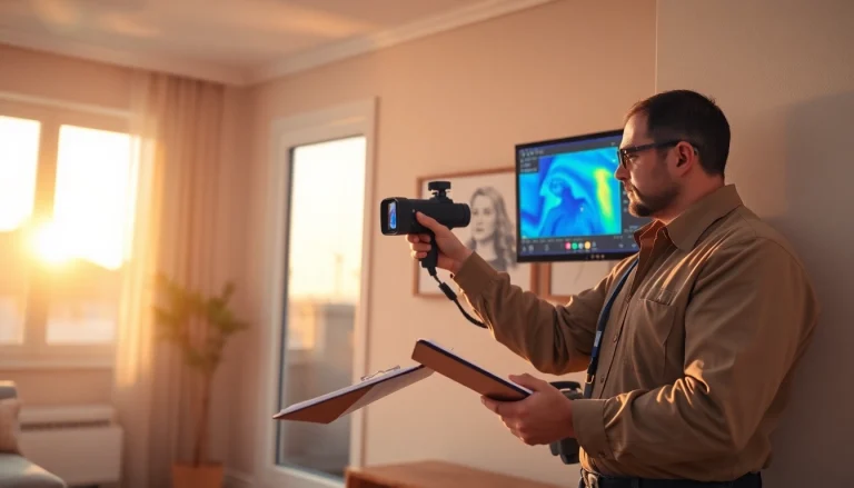 Professional leak detection technician uses thermal imaging for leak detection in a home.